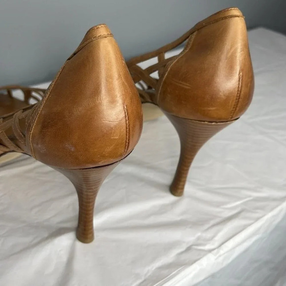 Maripe Rio Peep Toe Leather Shoes Tan Cutout Crossover Heels Retro Summer 11 - Picture 7 of 13